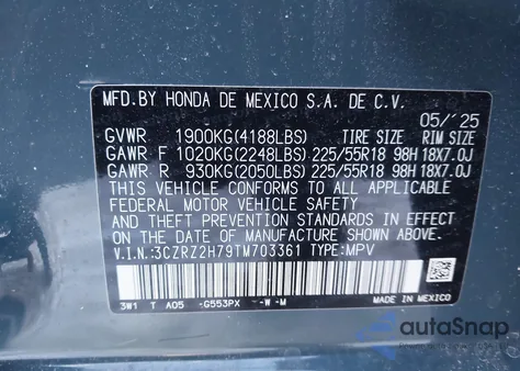 2026 Honda Hr-V Awd Ex-L z USA, uszkodzony, nr VIN 3CZRZ2H79TM703361